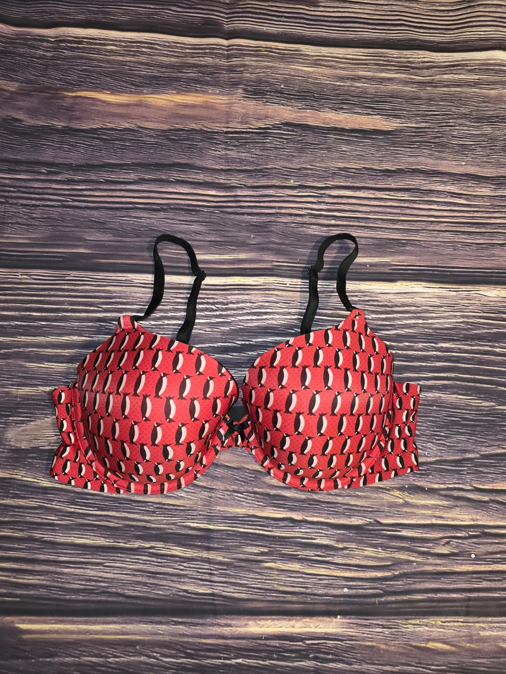 Victoria's Secret Red Bra with Black Straps and Penguin Print